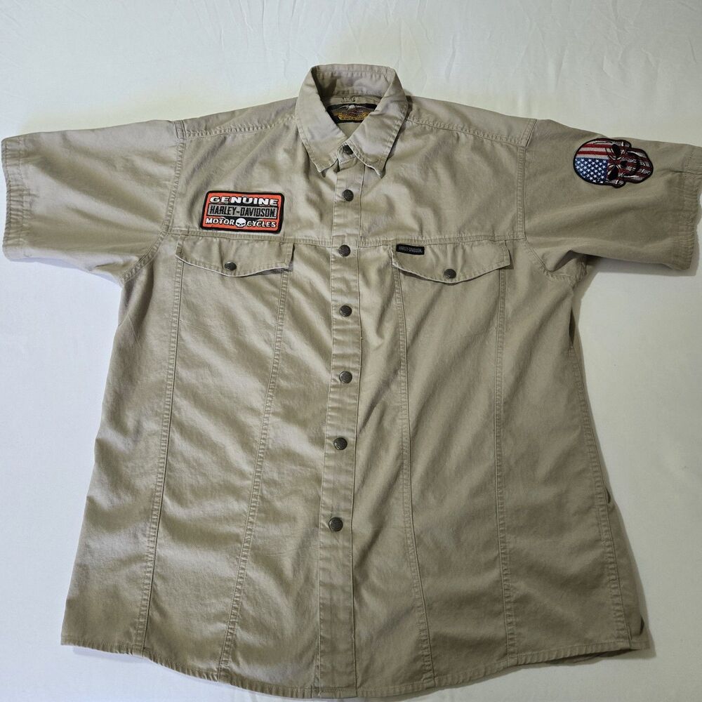 Vintage Harley Davidson United We Ride Shirt Mens XL Khaki Willie G Skull Patch
